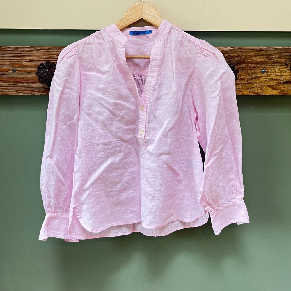 J.McLaughlin Womens Pink 100% Linen Puff Sleeve Split Neck Blouse XS‎